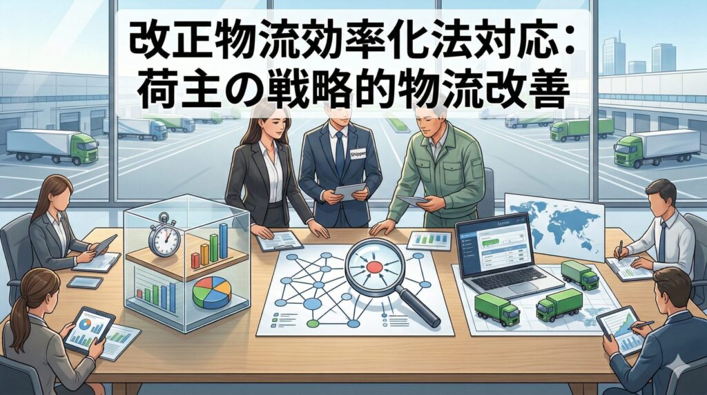 改正物流効率化法に対応するための荷主の戦略的物流改善に関する会議風景。データ分析、ネットワーク最適化、トラック予約システム活用など、効率的な物流体制構築に向けた具体的な取り組みがデスク上の資料や大型モニターに描かれています。
