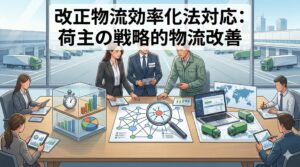 改正物流効率化法に対応するための荷主の戦略的物流改善に関する会議風景。データ分析、ネットワーク最適化、トラック予約システム活用など、効率的な物流体制構築に向けた具体的な取り組みがデスク上の資料や大型モニターに描かれています。